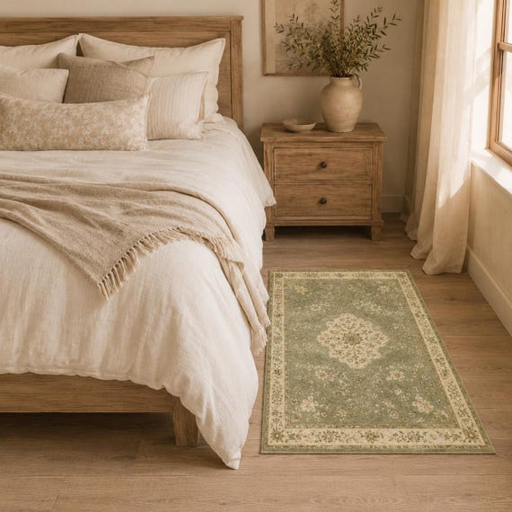 Sage Green Area Rug, Vintage Botanical Floral Bedroom Rug, Small Bedside Rug, Cottagecore Farmhouse Decor