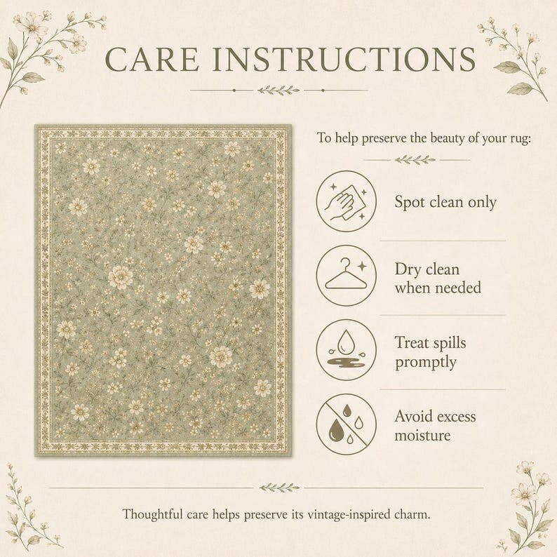 Op de afbeelding: Een rechthoekig kleed met een saliegroene achtergrond en een cr&egrave;mekleurig bloemenpatroon, omlijst door een decoratieve rand. De tekst CARE INSTRUCTIONS staat bovenaan, met vier iconen en de instructies: Spot clean only, Dry clean when needed, Treat spills promptly en Avoid excess moisture.