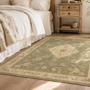 Saliegroen vloerkleed, vintage botanisch bloemenkleed voor de slaapkamer, klein nachtkastje kleed, landelijke decoratie in cottagecore stijl afbeelding 5