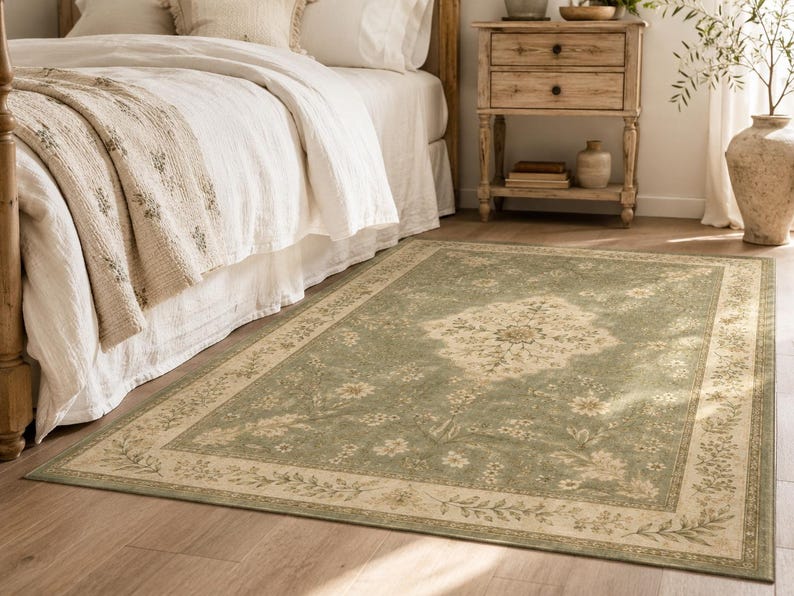 Saliegroen vloerkleed, vintage botanisch bloemenkleed voor de slaapkamer, klein nachtkastje kleed, landelijke decoratie in cottagecore stijl afbeelding 5