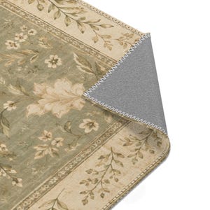 Saliegroen vloerkleed, vintage botanisch bloemenkleed voor de slaapkamer, klein nachtkastje kleed, landelijke decoratie in cottagecore stijl afbeelding 10