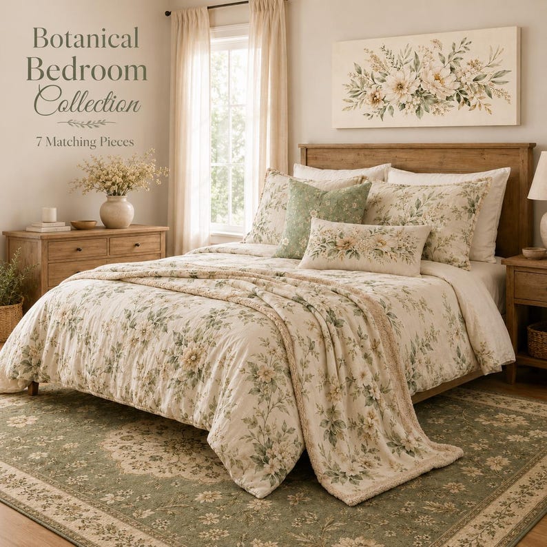 Op de afbeelding: Een slaapkamerset uit de Botanical Bedroom Collection met 7 Matching Pieces. Het bed is opgemaakt met een cr&egrave;mekleurig dekbedovertrek met een groen en beige bloemenpatroon, bijpassende kussenslopen en een rechthoekig sierkussen.