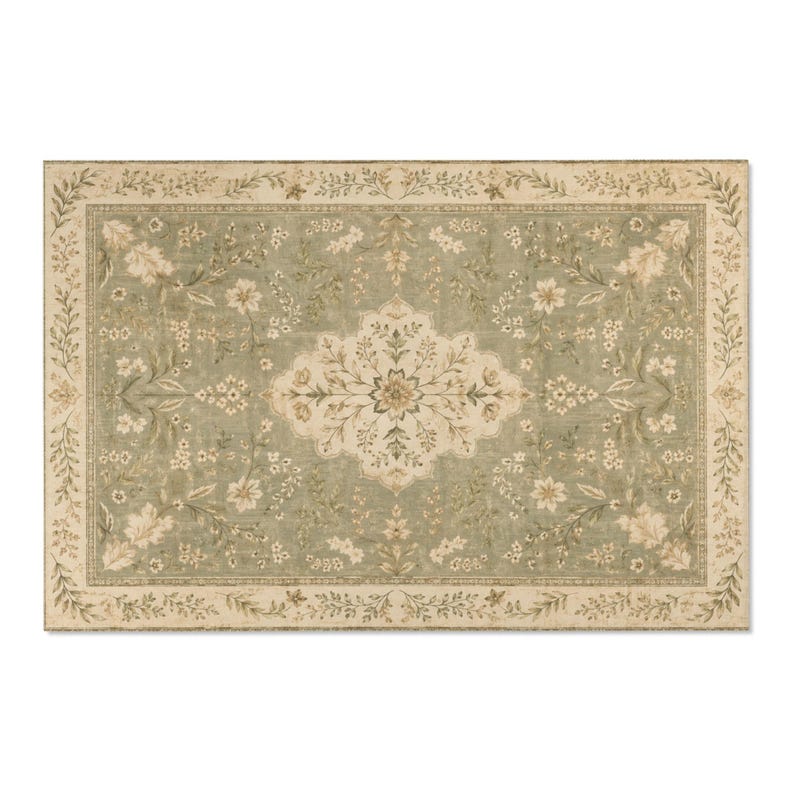 Saliegroen vloerkleed, vintage botanisch bloemenkleed voor de slaapkamer, klein nachtkastje kleed, landelijke decoratie in cottagecore stijl afbeelding 9