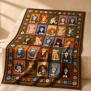 May include: A rectangular crochet blanket featuring a grid of twenty-five individual squares, each displaying a unique cat in various colours and poses. The blanket is bordered by a dark brown frame decorated with a repeating pattern of colourful flowers.