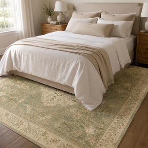 Saliegroen vloerkleed, vintage botanisch bloemenkleed voor de slaapkamer, klein nachtkastje kleed, landelijke decoratie in cottagecore stijl afbeelding 12