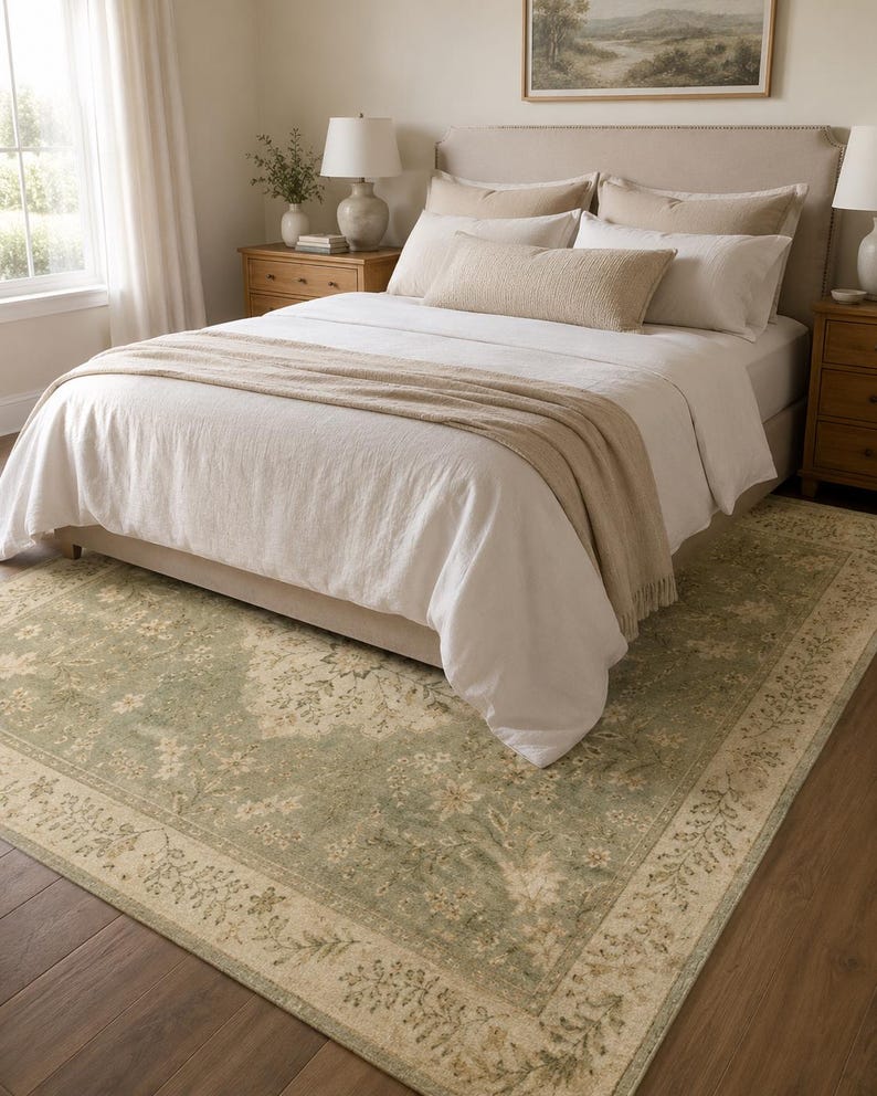 Saliegroen vloerkleed, vintage botanisch bloemenkleed voor de slaapkamer, klein nachtkastje kleed, landelijke decoratie in cottagecore stijl afbeelding 12