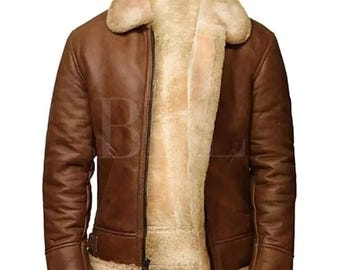 Men&#39;s RAF Aviator Real Leather Jacket Coat Bomber B3 Sheep Skin Pilot Flying*Fur Winter Real  Leather Jacket*Handmade New Motorcycle Jacket