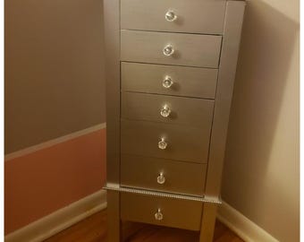 Hand Made Silver Jewelry Armoire, 6 Felt Lined Drawers, Necklace Hooks, Jewel Knobs
