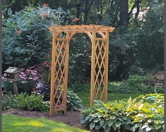 Hand Made Heartwood Cedar Arbor Arch – FSC Lumber Garden Trellis, Golden Brown Backyard Décor