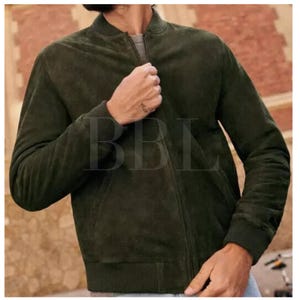Handmade Men&#39;s Olive Green Suede Leather Trucker Jacket*American Western Denim Style Shirt Jacket* Classic Slim Fit Motorcycle Cowboy Jacket