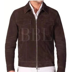 Handmade Men&#39;s Brown Suede Leather Trucker Jacket*American Western Denim Style Shirt Jacket* Classic Slim Fit Motorcycle Cowboy Suede Jacket
