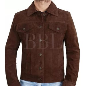 Handmade Men&#39;s Dark Brown Suede Leather Trucker Jacket*American Western Denim Style Shirt Jacket* Classic Slim Fit Motorcycle Cowboy Jacket