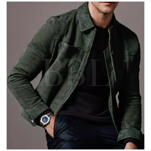 Green Classic Handmade Men Suede Leather Trucker Jacket*American Western Denim Style Shirt Jacket* Classic Slim Fit Motorcycle Cowboy Jacket