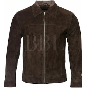 Handmade Men&#39;s Retro Brown Suede Leather Trucker Jacket*American Western Denim Style Shirt Jacket* Classic Slim Fit Motorcycle Cowboy Jacket