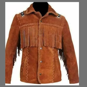 Men Western Handmade Cowboy Fringes Native Americans Beads Suede Leather Jacket, Classyak Slim Fit Tassles Traditional Jacket*Vintage Coat