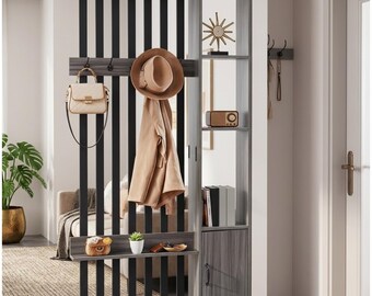 Wood Room Divider Bookshelf, Privacy Screen with Storage Cabinet & Coat Rack, Decorative Display Shelf for Living Room Separation, Grey