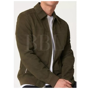 Handmade Men&#39;s Olive Green Suede Leather Trucker Jacket*American Western Denim Style Shirt Jacket* Classic Slim Fit Motorcycle Cowboy Jacket