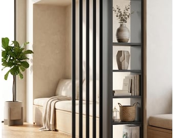 Hand Made Freestanding Wood Room Divider with Shelves & Storage Cabinet | Modern Partition Wall for Bedroom, Office Decor