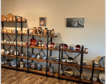 Hand Made Industrial 6 Tier Solid Wood Bookshelf: Rustic Metal Storage Shelves for Living Room