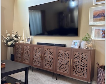 Hand Made Vintage Carved Door Sideboard Buffet Cabinet, Farmhouse Credenza Storage