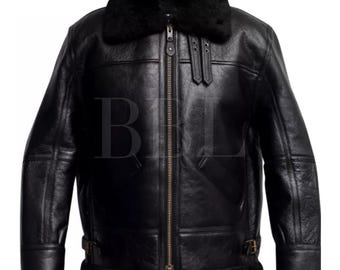 Black Handmade Stylish Sheepskin Men&#39;s Bomber Jacket B16 Winter Jacket Bomber Jacket*Aviator Pilot Jacket*Flying Bomber Shearling Fur Jacket
