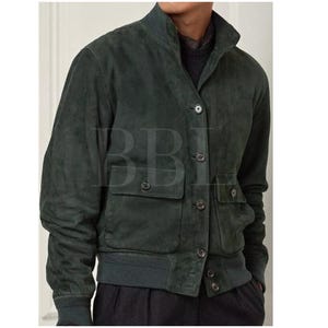 Handmade Men&#39;s Olive Green Suede Leather Trucker Jacket*American Western Denim Style Shirt Jacket* Classic Slim Fit Motorcycle Cowboy Jacket