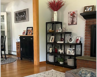 Hand Made Rustic Industrial Stepped Bookshelf, 9 Cube Storage Ladder Shelf, Farmhouse Organizer