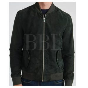 Handmade Men&#39;s Dark Green Suede Leather Trucker Jacket*American Western Denim Style Shirt Jacket* Classic Slim Fit Motorcycle Cowboy Jacket