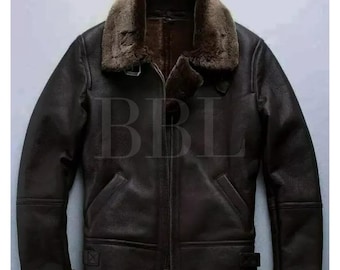 Handmade Black Men’s B3 Bomber RAF Aviator Pilot Flying Fur Jacket Genuine Sheepskin Leather*Fur Winter Motorcycle Real Leather Jacket