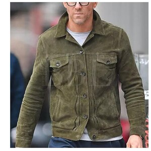 Olive Green Handmade Men&#39;s Suede Leather Trucker Jacket*American Western Denim Style Shirt Jacket* Classic Slim Fit Motorcycle Cowboy Jacket
