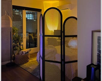 Hand Made 3 Panel Pine Wood Room Divider, Rattan Privacy Screen, Freestanding Home Partition