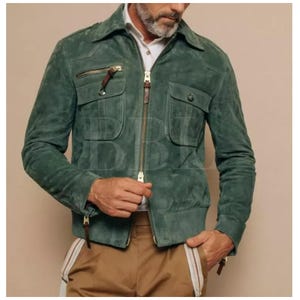 Handmade Men Green& Brown Suede Leather Trucker Jacket*American Western Denim Style Shirt Jacket* Classic Slim Fit Motorcycle Cowboy Jacket