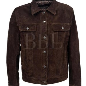 Handmade Men&#39;s Dark Brown Suede Leather Trucker Jacket*American Western Denim Style Shirt Jacket* Classic Slim Fit Motorcycle Cowboy Jacket