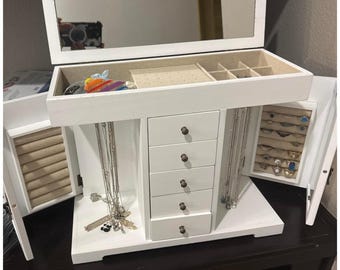 Hand Made White Wooden Jewelry Box with Mirror, 5-Layer Organizer, Farmhouse Style Storage