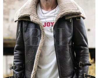 Handmade NEW Men stylish Aviator Pilot RAF B2 Brown Sheepskin Motorcycle Shearling Jacket*Collar Moto Thick Lined Parka Winter leather coat