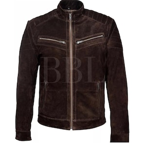 Handmade Men&#39;s Dark Brown Suede Leather Trucker Jacket*American Western Denim Style Shirt Jacket* Classic Slim Fit Motorcycle Cowboy Jacket