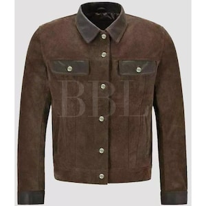 Handmade Men&#39;s Dark Brown Suede Leather Trucker Jacket*American Western Denim Style Shirt Jacket* Classic Slim Fit Motorcycle Cowboy Jacket