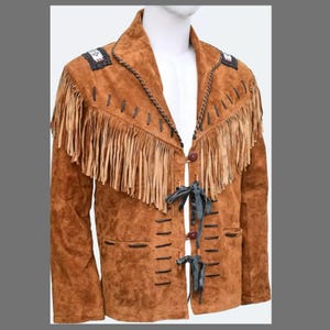 Men Western Handmade Cowboy Fringes Native Americans Beads Suede Leather Jacket, Classyak Slim Fit Tassles Traditional Jacket*Vintage Coat