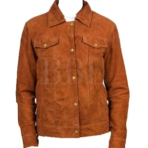 Handmade Men&#39;s Brown Suede Leather Trucker Jacket*American Western Denim Style Shirt Jacket* Classic Slim Fit Motorcycle Cowboy Jacket Coat