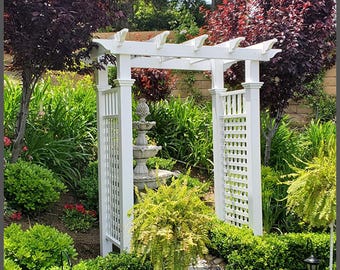 Hand Made White Vinyl Arbor Arch – Fairfield Garden Trellis, Wedding Ceremony Arch, Plant Support
