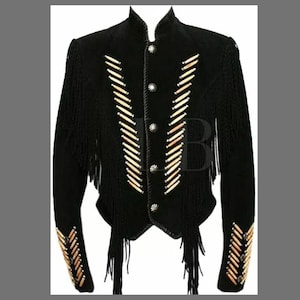 Men Western Handmade Cowboy Fringes Native Americans Beads Suede Leather Jacket, Classyak Slim Fit Tassles Traditional Jacket*Vintage Coat