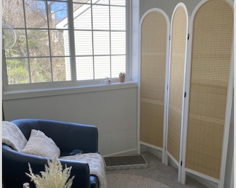 Hand made Rattan Room Divider, Pine Wood Frame, Foldable Privacy Screen, Boho Partition