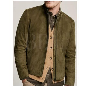 Olive Green Handmade Men&#39;s Suede Leather Trucker Jacket*American Western Denim Style Shirt Jacket* Classic Slim Fit Motorcycle Cowboy Jacket