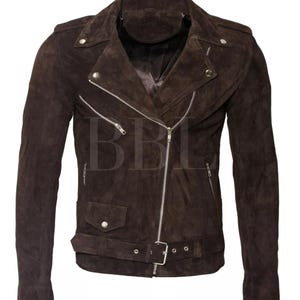 Handmade Men&#39;s Dark Brown Suede Leather Trucker Jacket*American Western Denim Style Shirt Jacket* Classic Slim Fit Motorcycle Cowboy Jacket