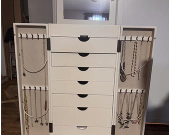 Hand Made Locking White Jewelry Armoire with Mirror, Necklace Hooks, Anti Tarnish Lining