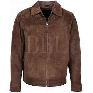 Handmade Men&#39;s Dark Brown Suede Leather Trucker Jacket*American Western Denim Style Shirt Jacket* Classic Slim Fit Motorcycle Cowboy Jacket