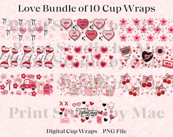 10 opakowań na kubki Love Bundle, serca i kokardy, pliki PNG (do pobrania cyfrowego)
