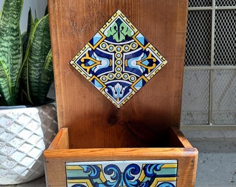 Vintage Talavera Tile Planter Box: Rustic Wooden Hanging Organizer