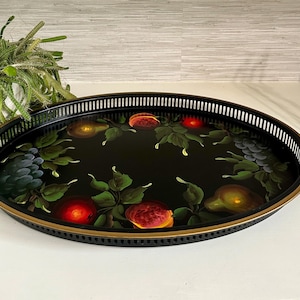 Vintage Large Oval Tole Still Life Tray with Fruits | Large 22 x 16 Metal Pilgrim Art Serving Tray Hand Decorated Lattice Cutout Trim