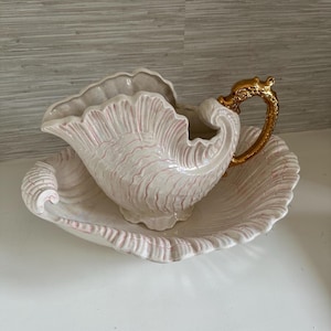 Vintage Large Ceramic Washbasin and Pitcher | Shell Shaped Pitcher and Basin with Gold Seahorse Handle